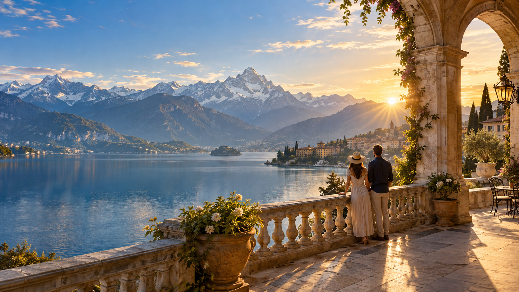 Viajeros contemplando un lago y montañas de Europa al amanecer