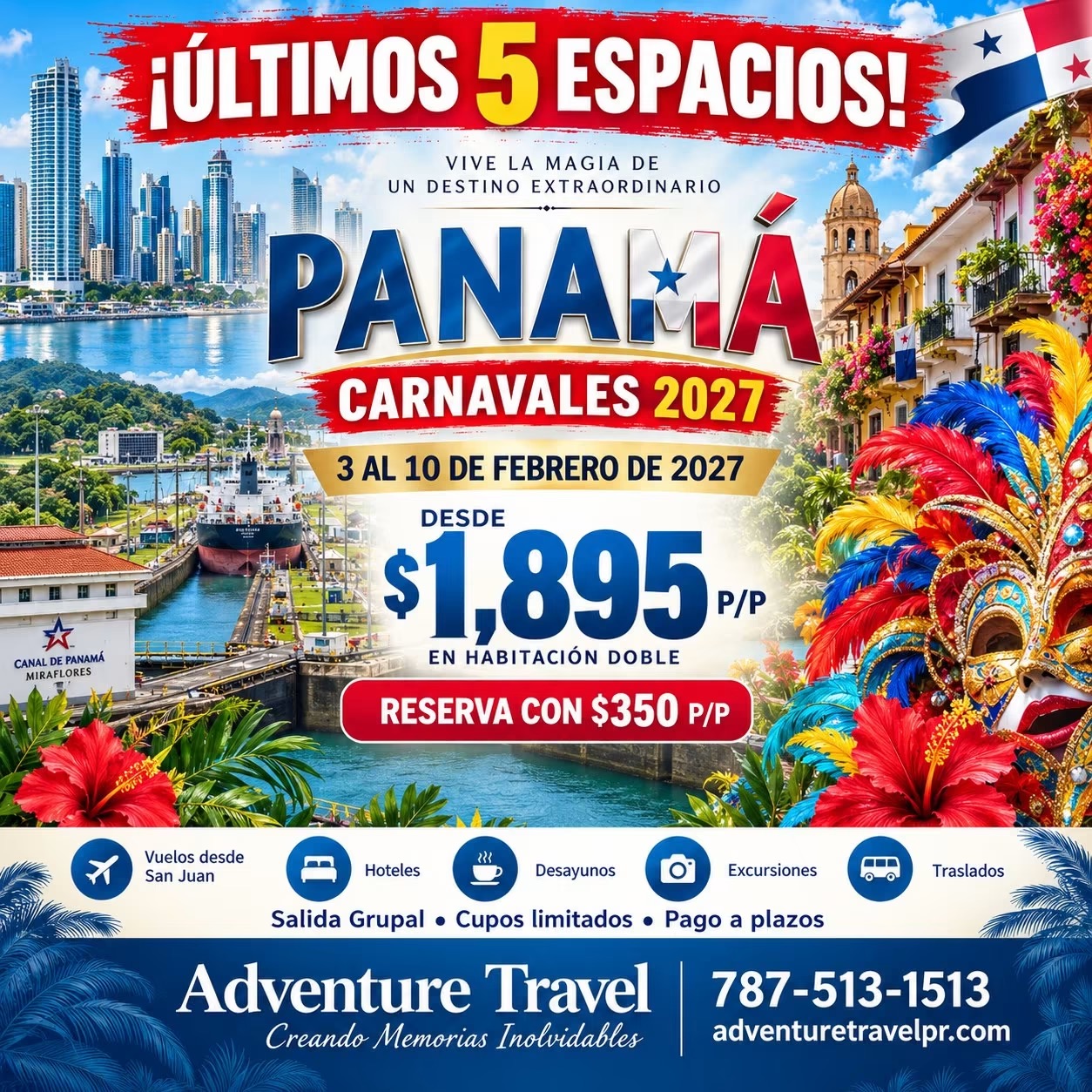 Flyer de Carnavales de Panamá 2027 con los últimos cinco espacios disponibles